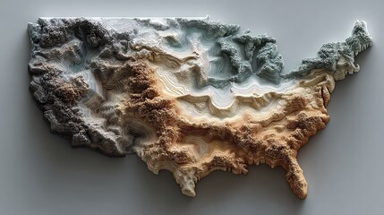 Textured topography USA map rendered in muted tones for land-based data analytics and spatial strategy visualization.