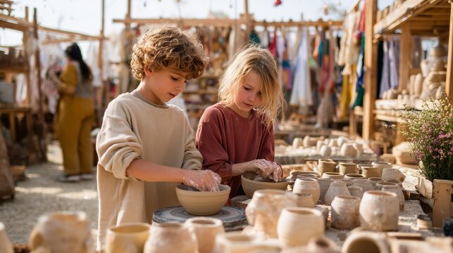 Children learn pottery making at a craft market during a sunny afternoon in a vibrant outdoor setting
