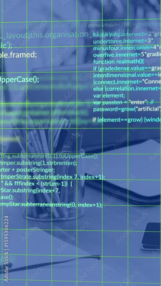 Poster animation of data processing over grid network against view of office desk