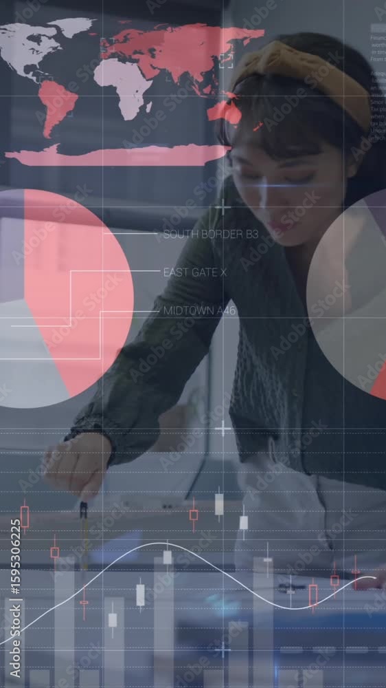 Poster animation of statistical data processing over asian woman using compass working on a plan at office