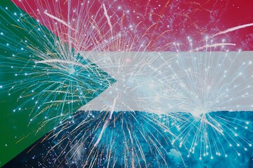 Firework with background of flag of Sudan. Holiday, celebration concept