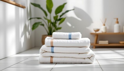 Fresh White Towels Stack Bright Serene Bathroom