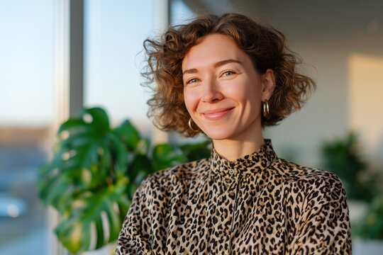 Smiling Woman in Halloween Cat Blouse Holding Tablet at Standing Desk with Modern Decor and Warm Light