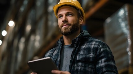 Warehouse supervisor reviewing inventory data on a tablet