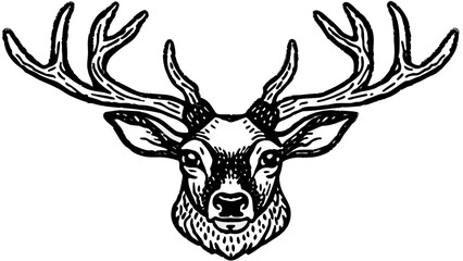 A detailed, stylized black and white illustration of a deer head, perfect for a variety of graphic design projects.