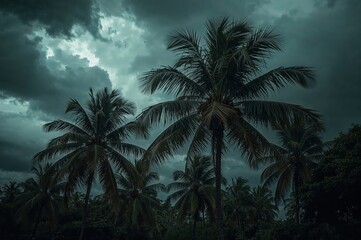 Fototapeta premium Windy evening among coconut trees under looming thunderclouds