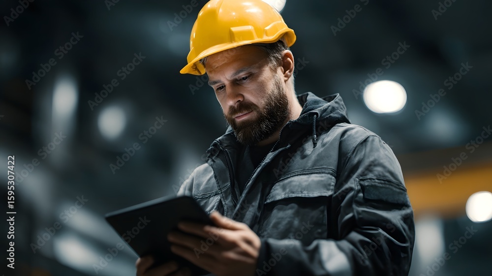 Aufkleber worker using tablet to monitor factory process
