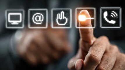 Touchscreen customer service panel with glowing support icons represents tech-enabled business help systems, user interface, and digital service automation.