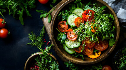 An elegant salad with vibrant vegetables, arranged on a rustic wooden plate.