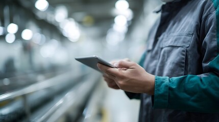 Worker using tablet to monitor factory production process