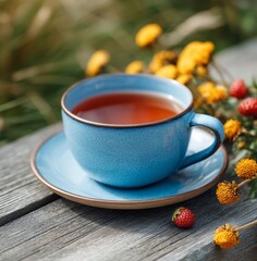 Fototapeta premium A cup of tea sitting on top of a wooden table