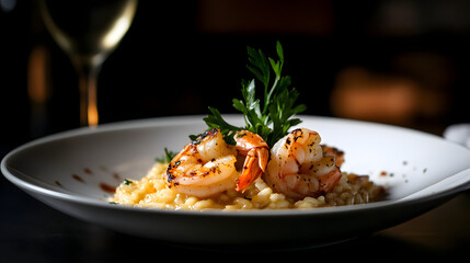 An elegant seafood risotto with shrimp and saffron, presented on a white ceramic plate.