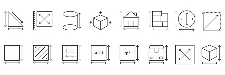 Dimension area and perimeter measure concept. editable stroke outline icons set. Square feet. Vector illustration.