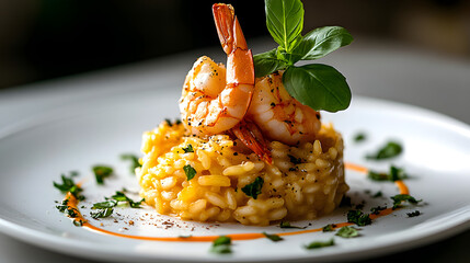 An elegant seafood risotto with shrimp and saffron, presented on a white ceramic plate.