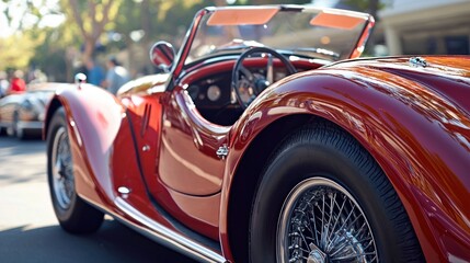 A red and black sports car with a classic design, parked on a street with other cars and buildings in the background.