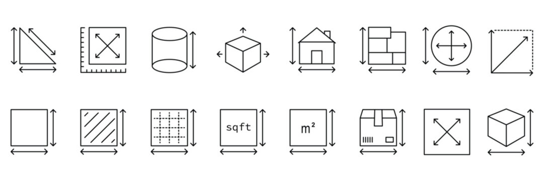 Dimension area and perimeter measure concept. editable stroke outline icons set. Square feet. Vector illustration.