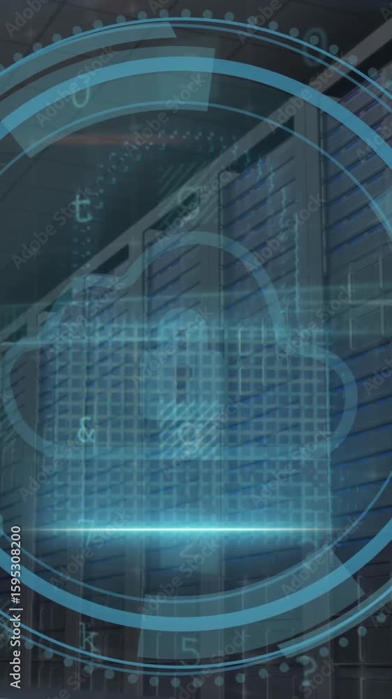 Poster animation of cyber security data processing over padlock and cloud icon scanning against server room