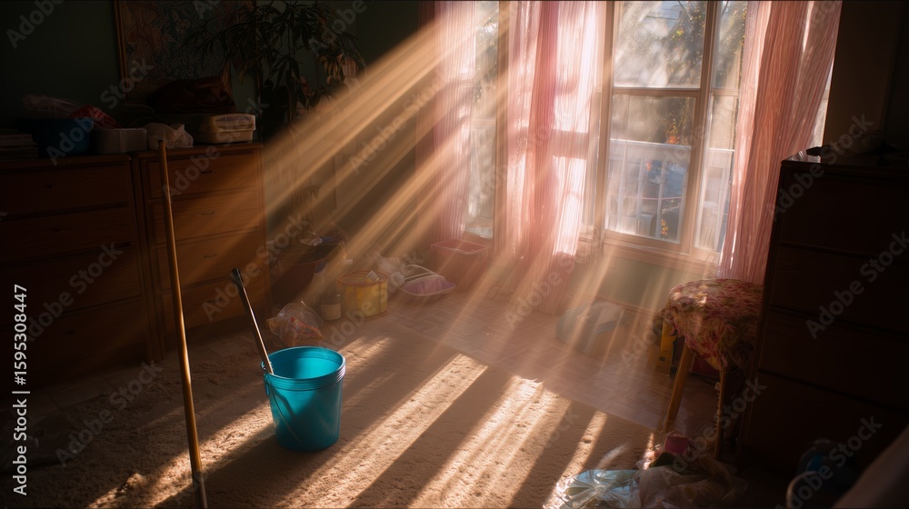 Poster sunlight streams through a dusty window, illuminating a cluttered room with a blue bucket and scatte