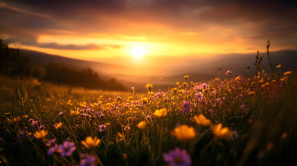 An endless sea of colorful wildflowers swaying in the breeze under a warm sunset.