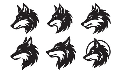 Six stylized wolf head logos; black and white vector illustrations; tribal, fierce, powerful design.