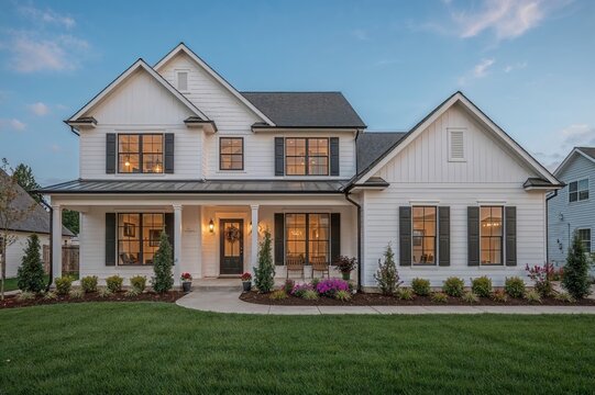 Sunset view of modern farmhouse-style house in quiet suburban neighborhood - Powered by Adobe