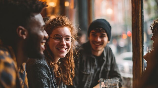 A group of diverse young adults laughing and bonding in a cozy coffee shop with sunlight through the window creating a joyful mood real photo stock photography