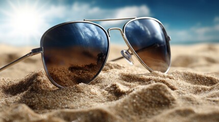 A pair of sunglasses sitting on top of a sandy beach