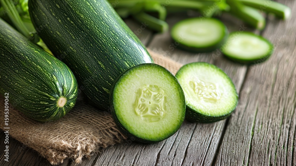 Poster fresh zucchini and cucumber slices on a rustic wooden table with a burlap napkin, set against a rust