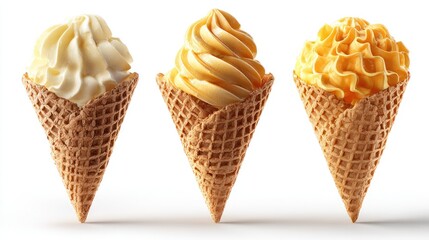 Three ice cream cones filled with different flavored frozen desserts.