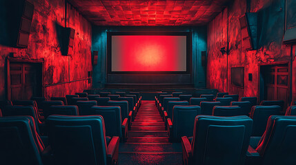 Eerie Red Glow in a Vintage Movie Theater