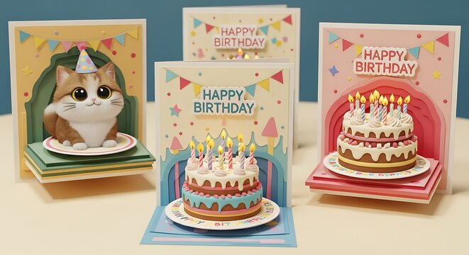 Adorable 3D Pop-Up Happy Birthday Cards Featuring Festive Designs and Playful Elements