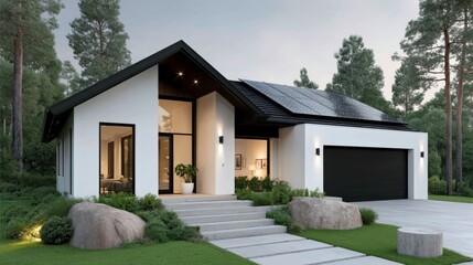 Modern single-story house with a black roof, large windows, solar panels, and a landscaped front yard with rocks and greenery at dusk.