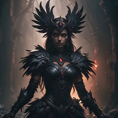 Dark Goddess with Raven Armor and Smoky Magic – Shadow Realm Fantasy Woman
