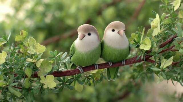 Two cute green parakeets perched on a branch in lush greenery