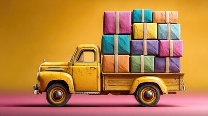 Toy truck carries oversized parcels on vibrant surface, representing playful delivery concept in retail or e-commerce.