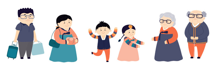 Family visiting grandparents, in traditional Korean clothes hanbok, parents, kids, isolated on transparent. Hand drawn flat vector illustration. Cartoon character. Chuseok design element, clip art