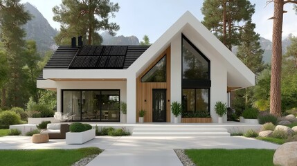 Modern A-frame house with large glass windows, solar panels on the roof, surrounded by pine trees and natural landscaping in a serene forest setting.