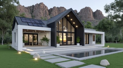 Modern house with sleek black and white design, large windows, solar panels, and a pool, set against a backdrop of rocky hills and surrounded by greenery.