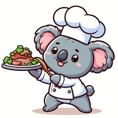 Cute koala chef serving food cartoon vector icon illustration