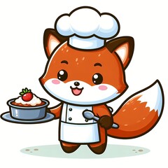 Cute fox chef serving food cartoon vector icon illustration