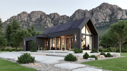 Modern black house with large windows and solar panels, set against rocky mountains and surrounded by trees and landscaped greenery.