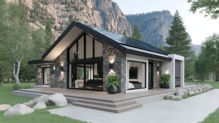 Modern stone cabin with large windows and solar panels nestled in a forested mountain setting, surrounded by trees and rocky terrain.