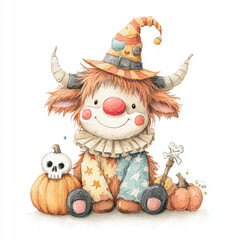 Watercolor Halloween Monster Clown with Pumpkins and Skull Cute Holiday Illustration for Kids