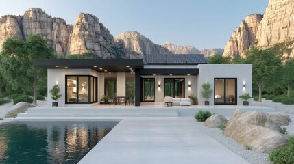 Modern single-story house with large windows, a pool, and mountain views surrounded by trees and rocks under a clear sky.