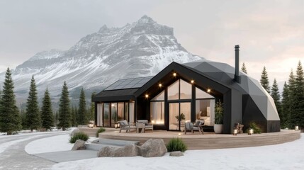A modern, geometric cabin with large windows set in a snowy landscape, surrounded by pine trees and mountains in the background.