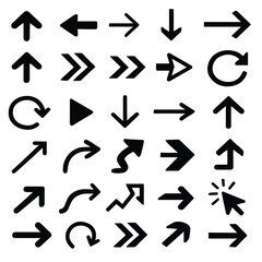Set of black arrow icons collection with direction indicators, navigation signs, curved, straight, circular, click, and refresh arrows for UI and web design