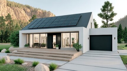 Modern white house with solar panels on the roof, large glass windows, wooden deck, garage, surrounded by greenery and mountains.