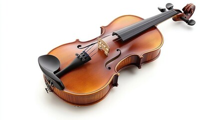 A violin with a brown and black body, a wooden neck, and a black bow on a white background.