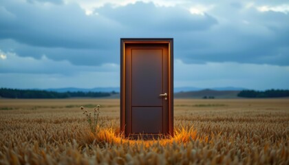 Mysterious Isolated Door Frame in Wheat Field Surreal Landscape Photography Open Space Viewpoint Evoking Wonder