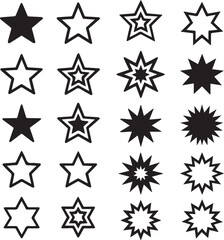 Set of star and burst icons in black outline and filled styles, representing rating, sparkle, favorite, fireworks, and decoration in vector flat silhouette format